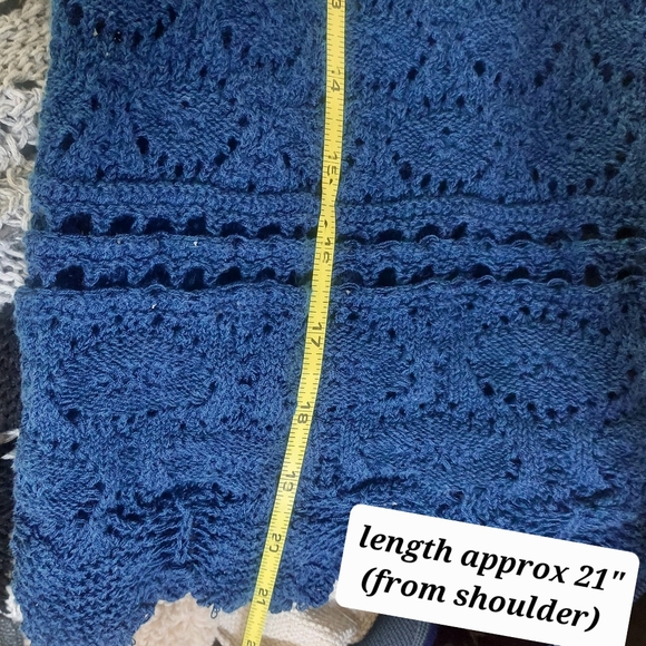 Lucky Brand Blue Crochet Tassle 3/4 Sleeve Scalloped Knit Blouse Top Size Small - Picture 10 of 12